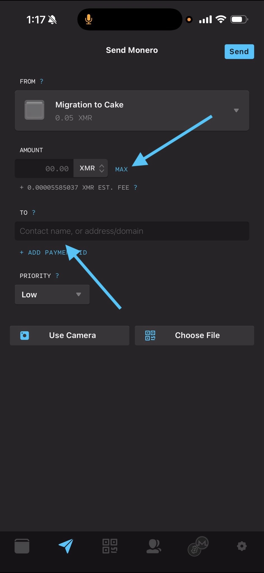 Enter address and tap Max